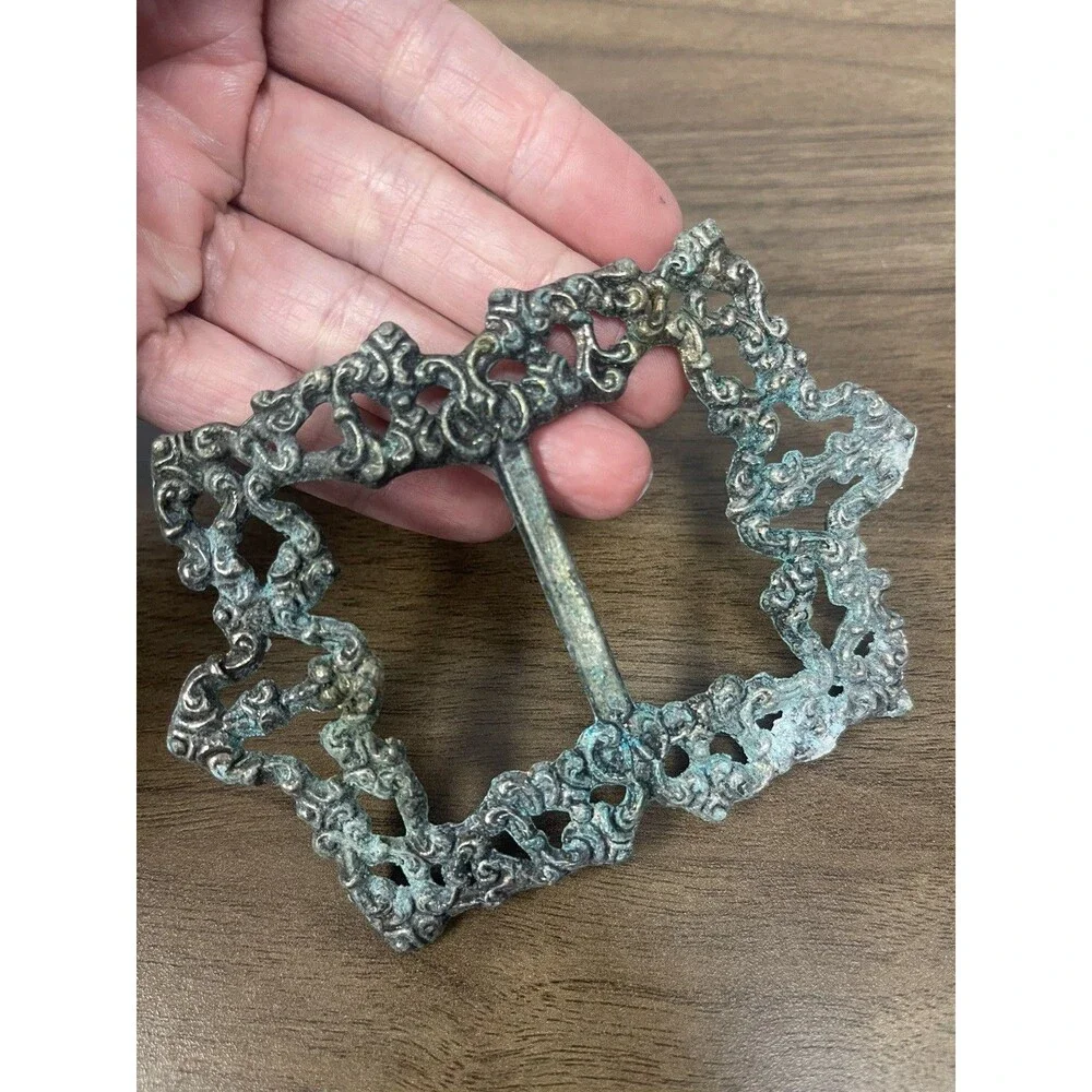 Antique Silver tone Patina Metal Belt Buckle Sash Large Victorian Style
